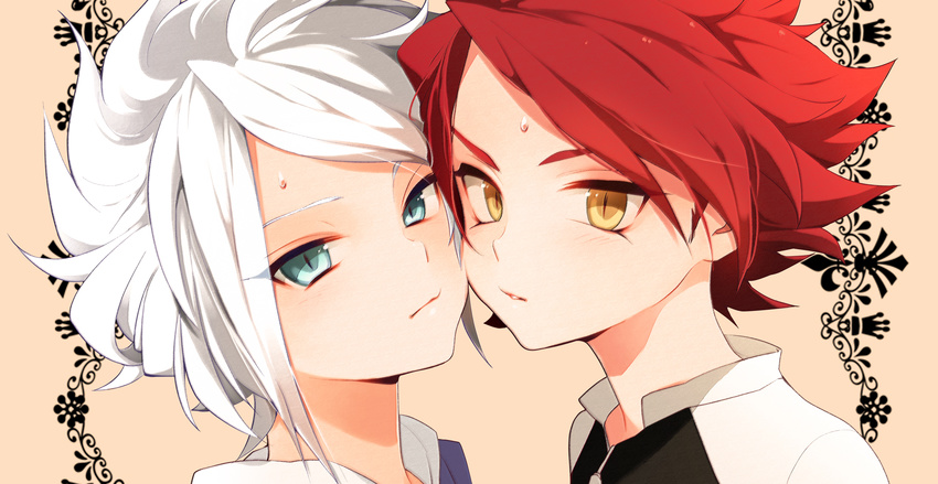 2boys blush child highres inazuma_eleven inazuma_eleven_(series) male male_focus multiple_boys nagumo_haruya potti-p red_hair simple_background suzuno_fuusuke sweat white_hair