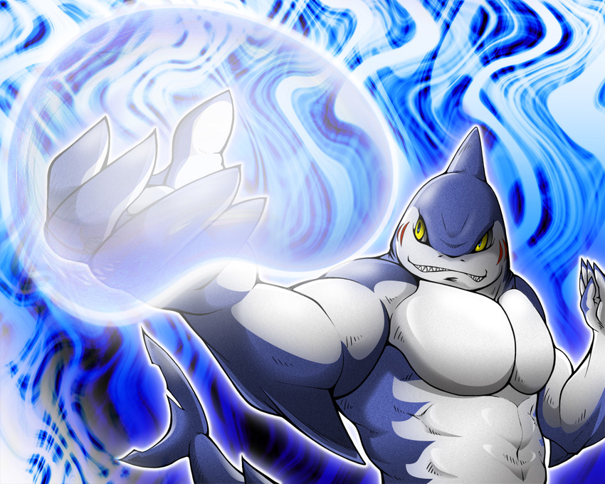 anthro ast biceps big_muscles blue_skin claws fangs fin fish grey_skin male marine muscles navel pecs pose scales shark solo standing teeth toned topless yellow_eyes