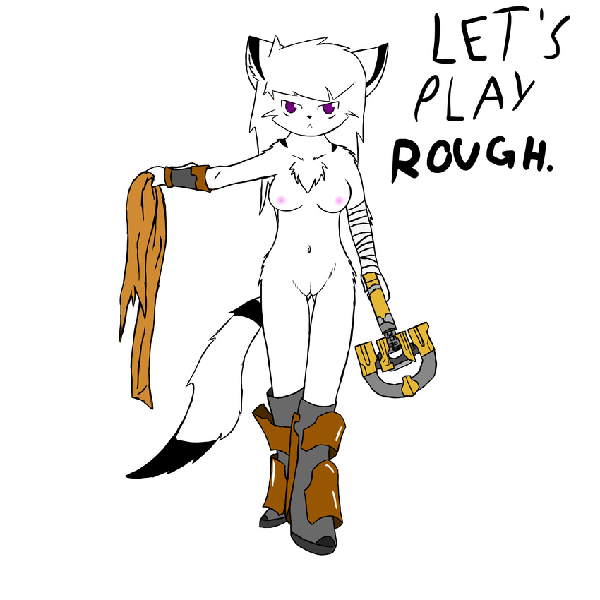 absurd_res anthro armor black_fur boots breasts cat dead_space english_text feline female fur hair hi_res looking_at_viewer mammal nipples nude plain_background plasma_cutter purple_eyes ranged_weapon scarf solo standing text video_games weapon white_background white_fur white_hair
