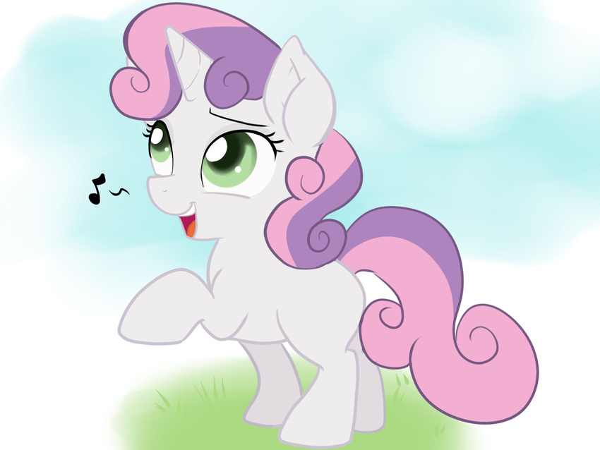 cloud equine female friendship_is_magic grass green_eyes hair horn horse kakashischika mammal musical_note my_little_pony outside pink_hair pony purple_hair singing sky solo sweetie_belle_(mlp) two_tone_hair unicorn young