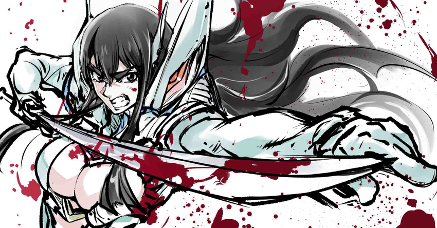 angry bakuzan black_eyes black_hair blood blood_splatter breasts cleavage cleavage_cutout clenched_teeth elbow_gloves gloves highres junketsu katana kill_la_kill kiryuuin_satsuki large_breasts long_hair sakayama_shinta solo sword teeth weapon