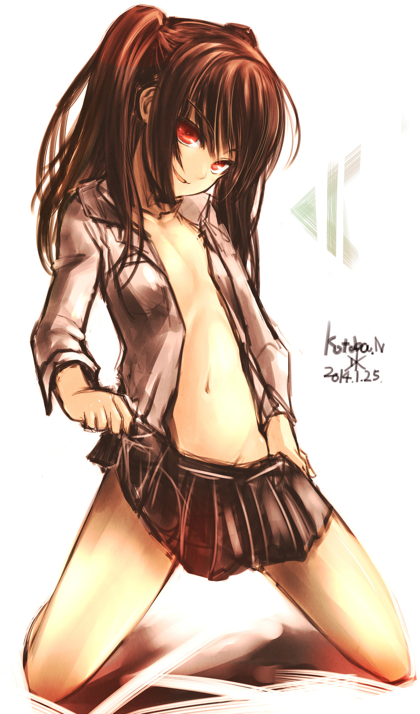 2014 absurdres brown_hair flat_chest highres kneeling kotoba_noriaki long_hair naughty_face navel open_clothes open_shirt original red_eyes shirt signature skirt solo two_side_up