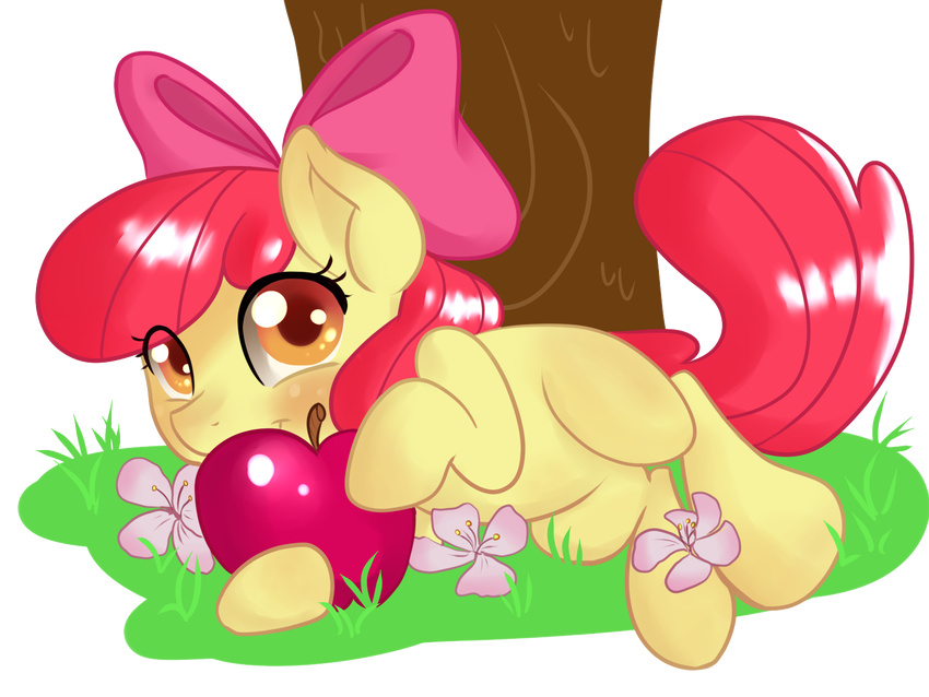 alpha_channel amber_eyes apple apple_bloom_(mlp) blush bow cub cute equine female flower friendship_is_magic fruit hair horse kakashischika looking_at_viewer lying mammal my_little_pony plain_background pony red_hair solo transpare_background transparent_background tree young