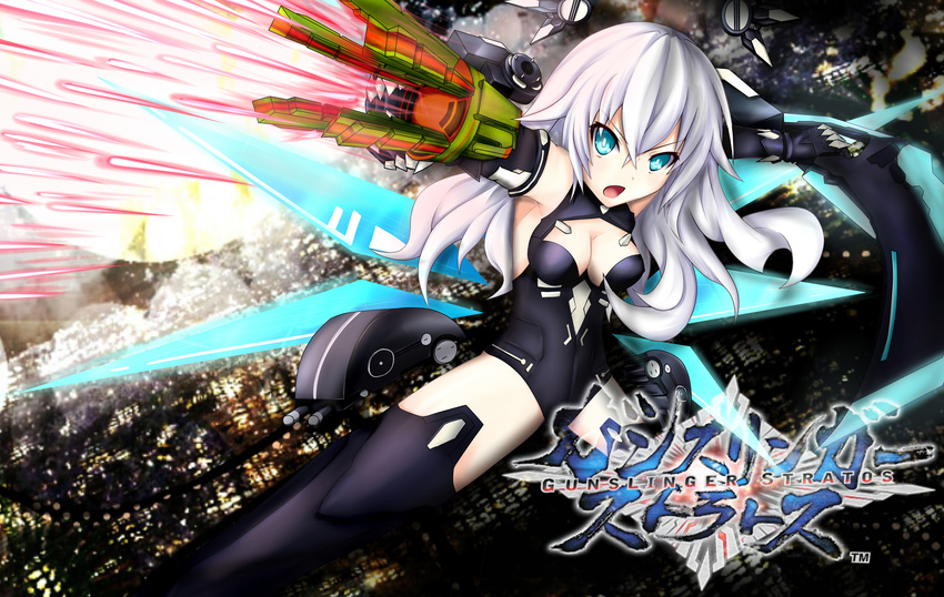 :o absurdres aqua_eyes armor armpits bangs bare_shoulders black_heart black_legwear blue_wings breasts bright_pupils cleavage cleavage_cutout copyright_name detached_wings elbow_gloves english faulds fighting_stance firing floating floating_object gloves gun gunslinger_stratos hair_between_eyes headgear highres legs_apart leotard logo long_hair looking_at_viewer magical_girl medium_breasts neptune_(series) open_mouth outstretched_arm outstretched_arms pauldrons power_symbol rasenmikun solo spread_arms symbol-shaped_pupils thighhighs v-shaped_eyebrows wavy_hair weapon white_hair wings