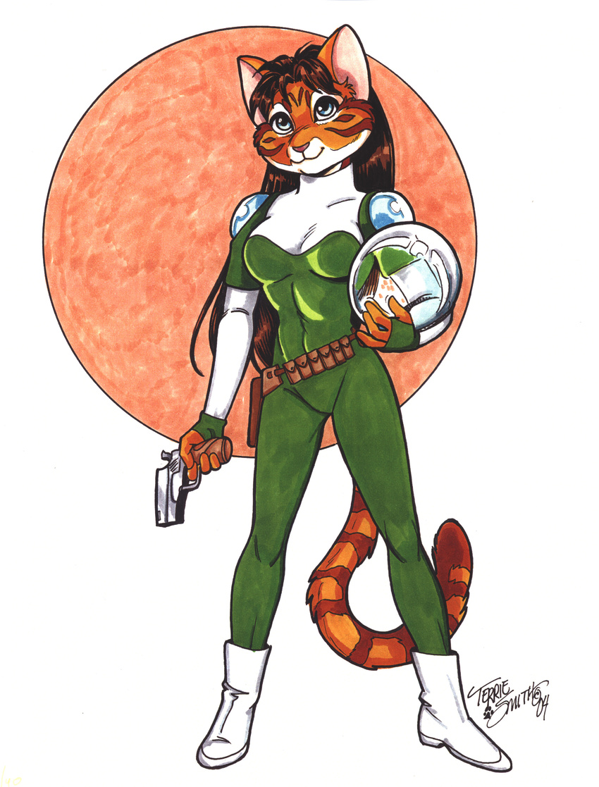 absurd_res anthro feline female gun hi_res looking_at_viewer mammal pinup pose ranged_weapon solo space spacesuit terrie_smith weapon