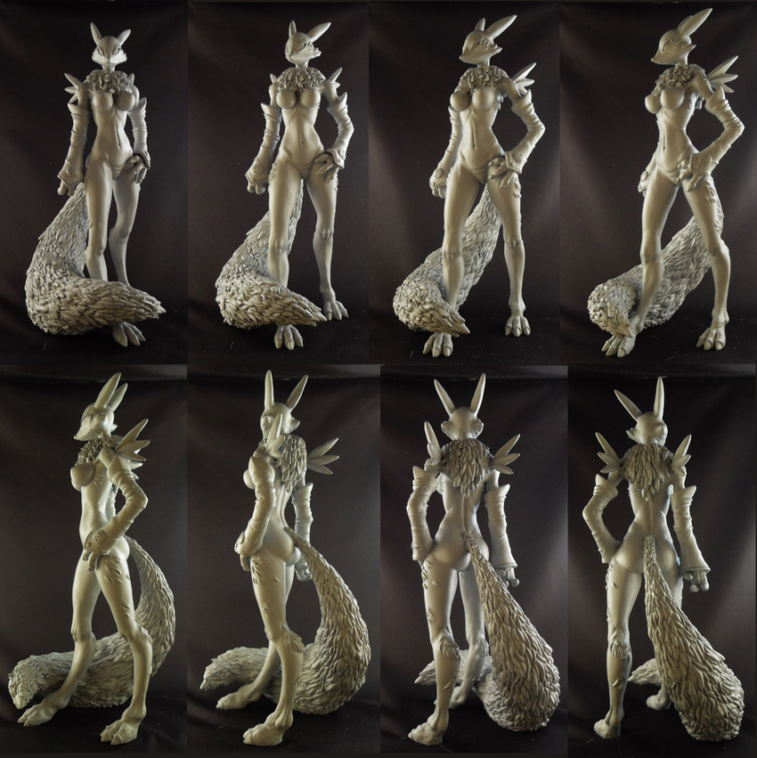 3d breasts canine chest_tuft claws digimon elbow_gloves female figurine fox fur general: gloves mammal monochrome multiple_views nude renamon rolt sculpture solo standing tuft