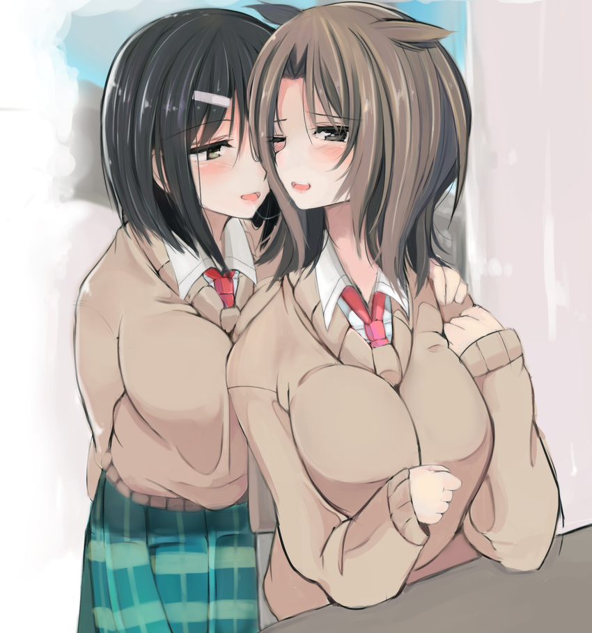 antenna_hair bad_id bad_pixiv_id black_hair blush breasts brown_hair hair_ornament hairclip hand_on_shoulder highres iizuka_yuzu ikeno_kaede large_breasts multiple_girls necktie one_eye_closed open_mouth plaid plaid_skirt rokuromi sakura_trick saliva saliva_trail school_uniform sitting skirt standing sweater yuri