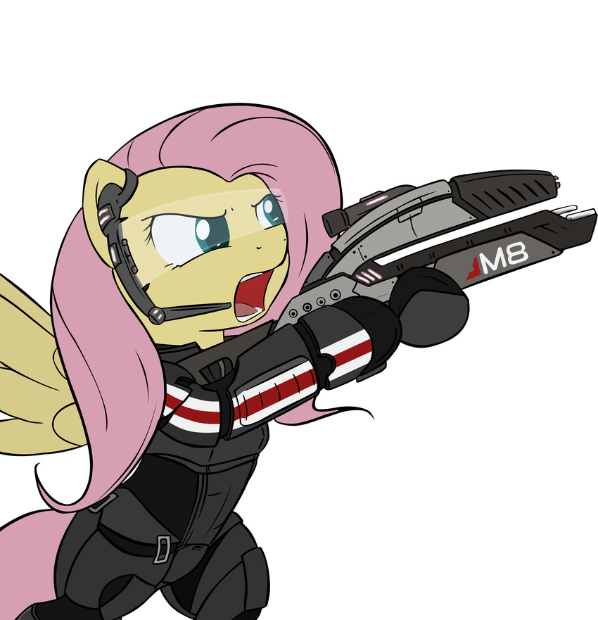 alpha_channel armor barrfind blue_eyes equine female feral fluttershy_(mlp) friendship_is_magic fur hair hi_res horse long_hair mammal mane mass_effect my_little_pony open_mouth pegasus pink_hair plain_background ranged_weapon solo spread_wings standing teeth theparagon tongue transparent_background vector visor weapon wings yellow_fur