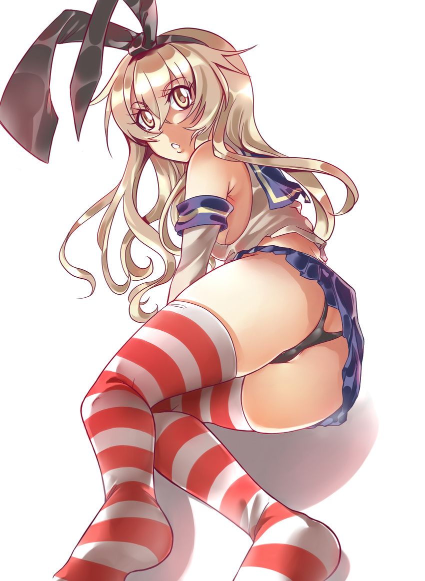 1girl ass blonde_hair detached_sleeves elbow_gloves fury gloves hairband highres kantai_collection long_hair looking_at_viewer panties pantyshot shimakaze_(kantai_collection) skirt socks solo striped striped_legwear thighhighs underwear upskirt wedgie