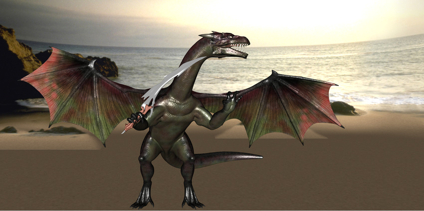 dragon grey_scales holding sand seaside sharp_teeth shiny solo standing sword teeth viperthewyvern weapon wings