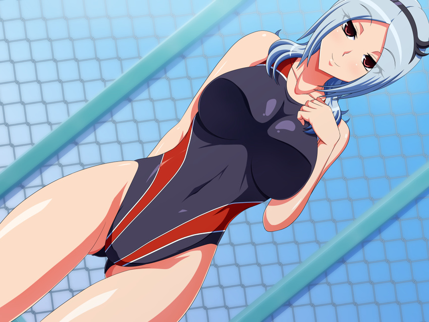 aokura_shou breasts competition_swimsuit dutch_angle eas fresh_precure! hairband higashi_setsuna large_breasts one-piece_swimsuit precure red_eyes silver_hair solo swimsuit