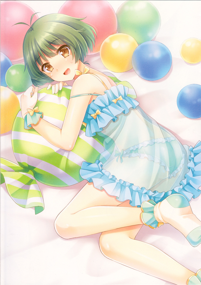 absurdres akizuki_ryou ball candy food gloves green_hair green_panties highres idolmaster idolmaster_dearly_stars k.y_ko legs lingerie long_legs negligee otoko_no_ko panties scan see-through socks underwear yellow_eyes