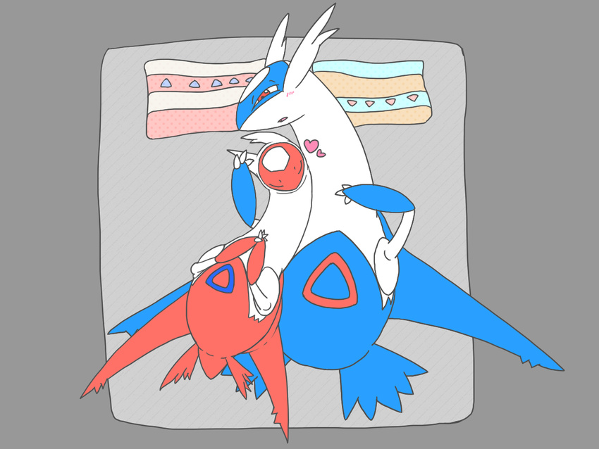 bed blush che_ri_ni cuddling duo eyes_closed female feral grey_background latias latios legendary_pok&#233;mon legendary_pok&eacute;mon lying male nintendo on_back on_bed plain_background pok&#233;mon red_eyes sibling size_difference video_games