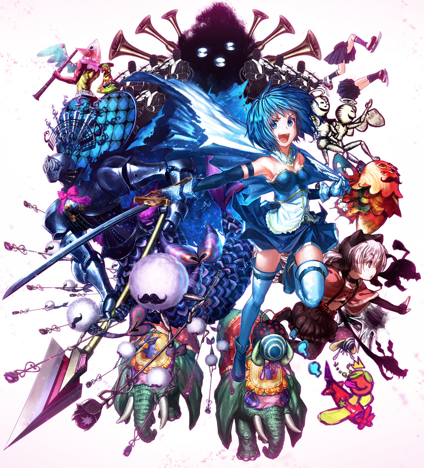 :d absurdres adelbert_(madoka_magica) anja_(madoka_magica) anthony_(madoka_magica) armband armor bare_shoulders blue_eyes blue_hair cape capelet clarinet daniyyel+jennifer elbow_gloves elephant facial_hair familiar_(madoka_magica) fingerless_gloves fish_tail gloves gotz_(madoka_magica) hat highres holger_(madoka_magica) instrument klarissa_(madoka_magica) lain magical_girl mahou_shoujo_madoka_magica mahou_shoujo_madoka_magica_movie mathieu_(madoka_magica) midriff miki_sayaka momoe_nagisa multicolored multicolored_eyes multiple_girls mustache oktavia_von_seckendorff open_mouth polearm pyotr_(madoka_magica) red_eyes sebastians_(madoka_magica) short_hair smile soul_gem spear sword tail thighhighs trumpet v-shaped_eyebrows violin walpurgisnacht's_familiars weapon white_hair yellow_eyes zettai_ryouiki