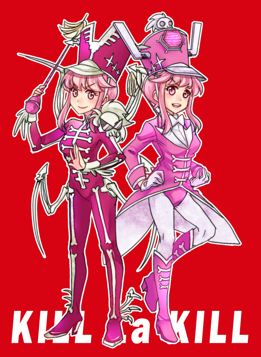 alternate_costume bad_id bad_pixiv_id baton bodysuit boots breasts dual_persona hat high_heel_boots high_heels highres icl jakuzure_nonon kill_la_kill knee_boots multiple_girls pink_bodysuit pink_eyes pink_hair red_background shako_cap short_hair sidelocks skull small_breasts symphony_regalia