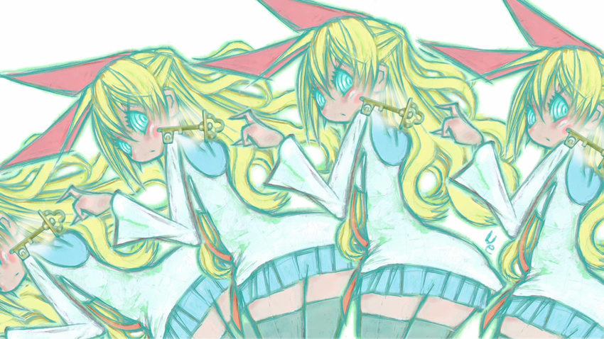 black_legwear blonde_hair blue_eyes blue_skirt blush end_card from_behind full-face_blush hair_ribbon key kirisaki_chitoge long_hair looking_at_viewer looking_back nisekoi ribbon school_uniform serafuku skirt solo standing thighhighs ueda_hajime zettai_ryouiki