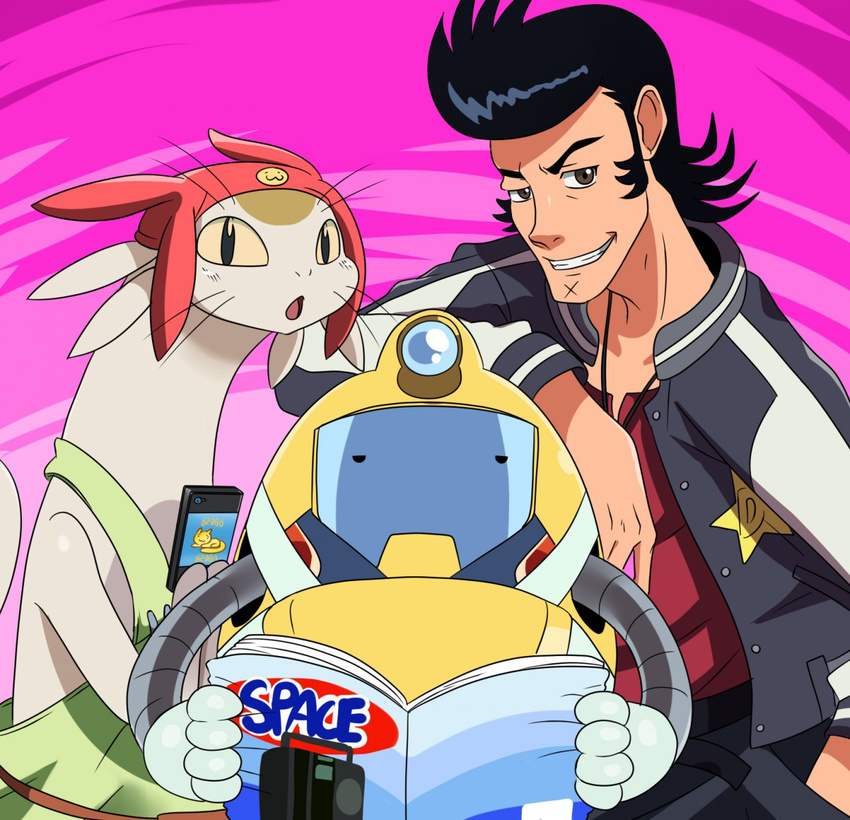 betelgeusian book dandy_(space_dandy) feline group human machine male mammal mechanical meow_(space_dandy) mouthless phone pink_background plain_background qt_(space_dandy) robot smile space_dandy sssonic2