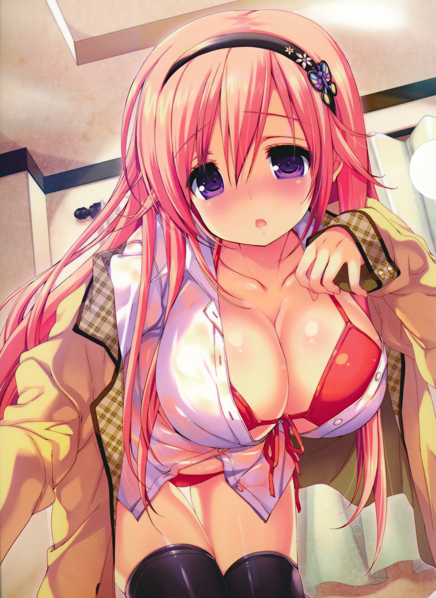 :o absurdres bikini black_legwear blush breasts cleavage emily_(pure_dream) front-tie_bikini front-tie_top full-face_blush hairband highres huge_filesize large_breasts leaning_forward long_hair looking_at_viewer open_clothes open_mouth open_shirt pink_hair purple_eyes red_bikini shiny shiny_skin shirt skindentation solo swimsuit thigh_gap thighhighs very_long_hair