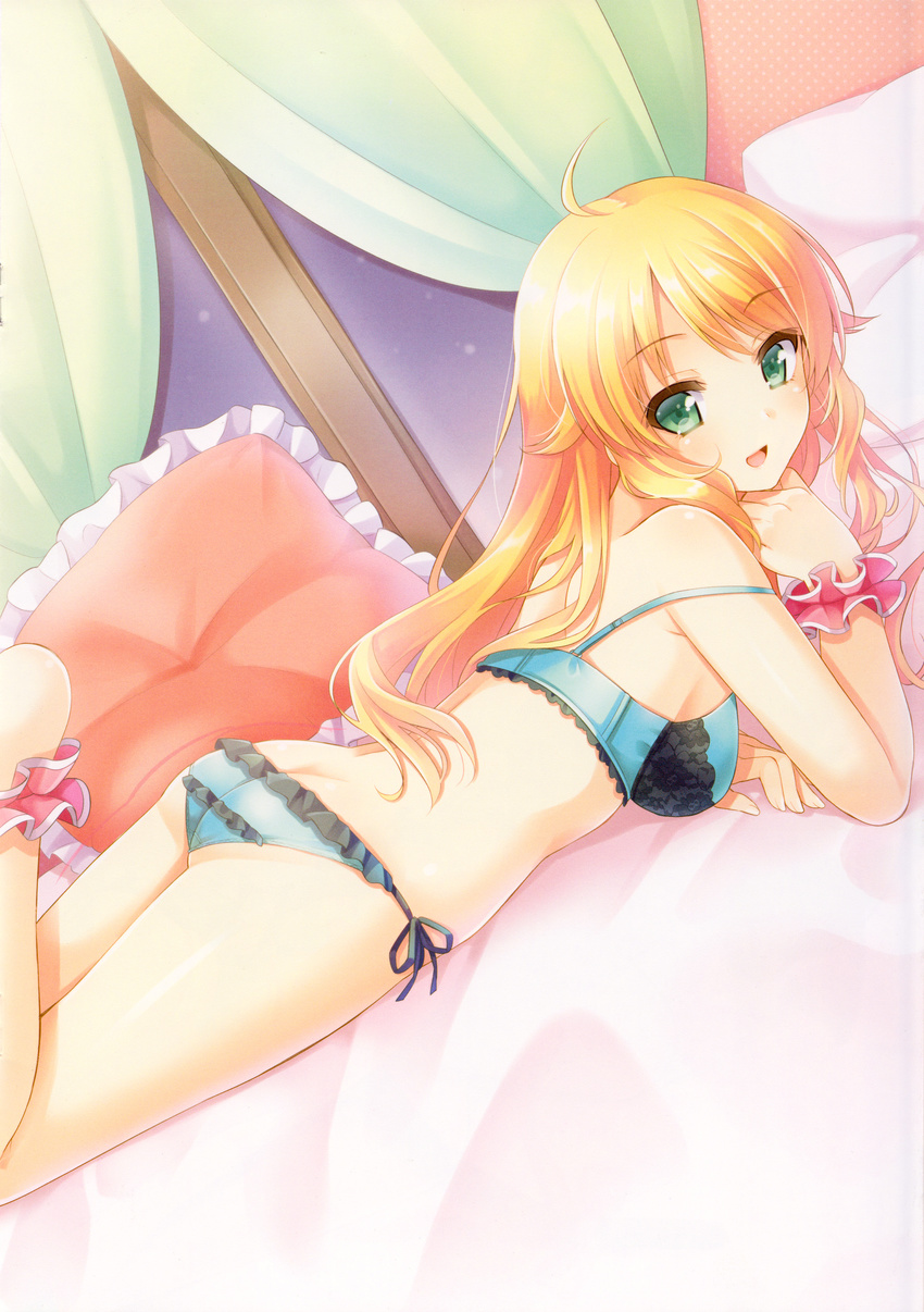 :d absurdres ahoge aqua_bra aqua_panties arm_support ass barefoot blonde_hair blush bra breasts butt_crack chin_rest curtains frilled_bra frilled_panties frilled_pillow frills green_eyes highres hoshii_miki idolmaster idolmaster_(classic) k.y_ko long_hair looking_at_viewer looking_back lying medium_breasts night off_shoulder on_stomach open_mouth panties pillow scan scrunchie side-tie_panties smile solo strap_slip underwear underwear_only window