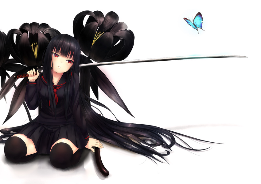 black_hair butterfly flowers katana long_hair noririn original red_eyes seifuku sword thighhighs weapon white