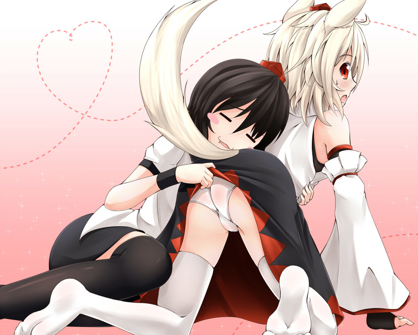 :p all_fours animal_ears ass black_hair black_legwear blush crawling detached_sleeves female_pervert fingerless_gloves gloves hat heart inubashiri_momiji inyuppo looking_back molestation multiple_girls panties pervert red_eyes saliva shameimaru_aya short_hair silver_hair skirt tail thighhighs tokin_hat tongue tongue_out touhou underwear white_legwear white_panties wolf_ears wolf_tail yuri