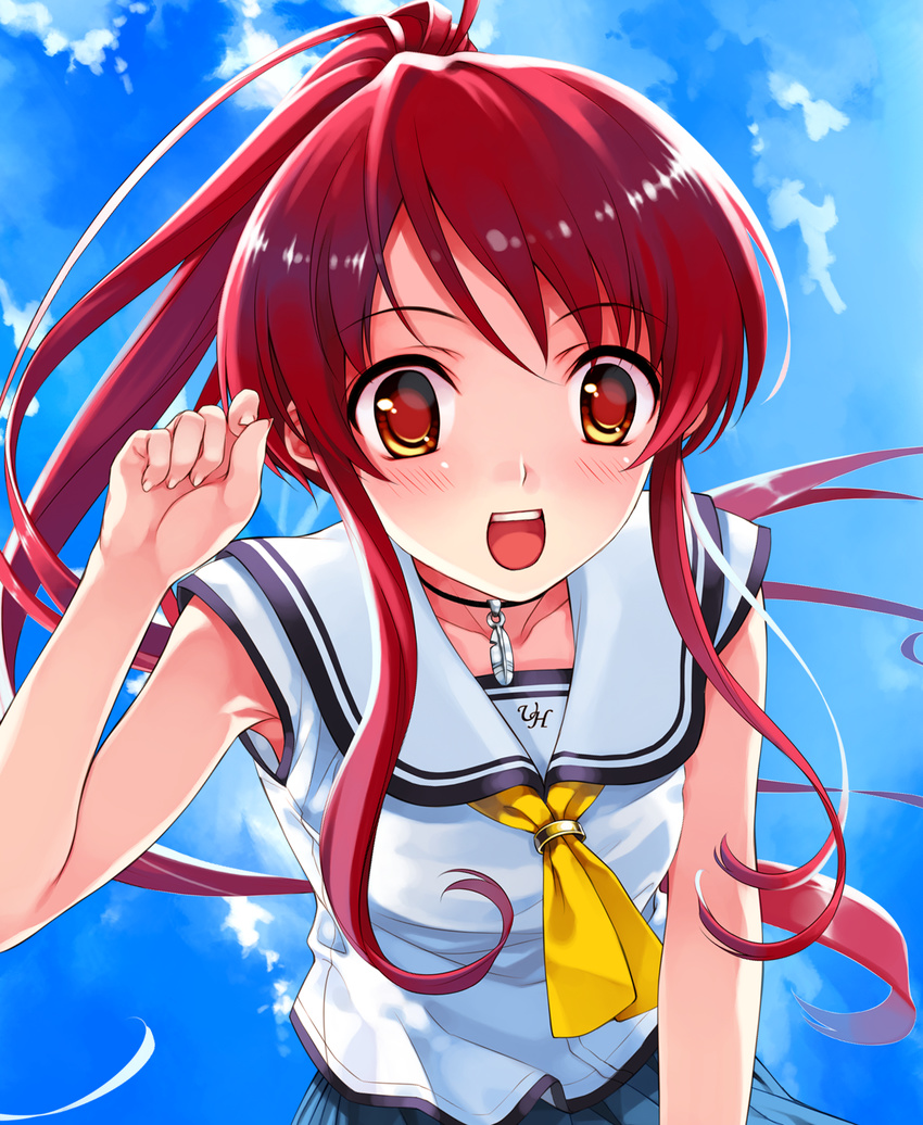 1girl blush breasts cloud clouds collar game_cg happy highres long_hair looking_at_viewer misaki_kurehito necktie open_mouth ponytail red_eyes red_hair school_uniform skirt sky small_breasts solo standing suiheisen_made_nan_mile?