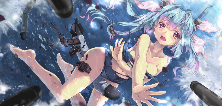 barefoot blue_hair blush bubbles i-19_(kancolle) kantai_collection north_abyssor purple_eyes school_swimsuit swimsuit tears torn_clothes underwater