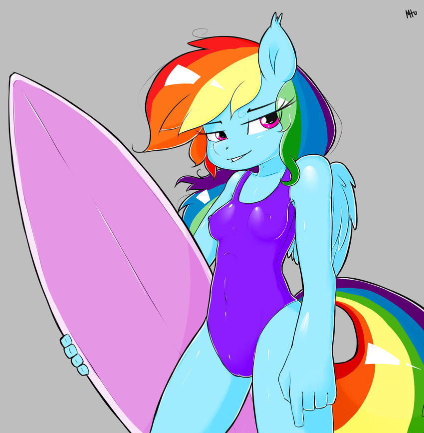 anthro anthrofied breasts equine female friendship_is_magic hair half-closed_eyes hi_res mammal miketheuser multi-colored_hair my_little_pony one-piece_swimsuit pegasus pink_eyes plain_background rainbow_dash_(mlp) rainbow_hair solo standing surfboard swimsuit wings
