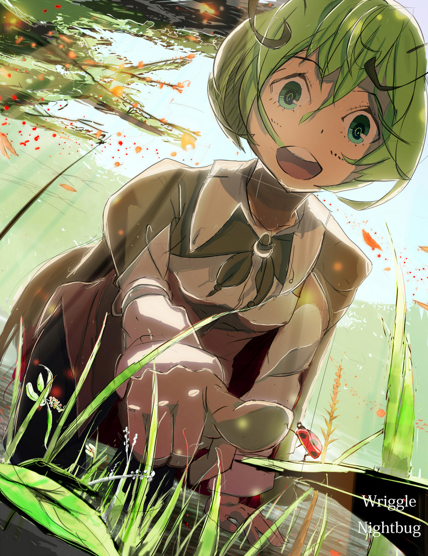 absurdres adnod bad_id bad_pixiv_id bug character_name from_below grass green_eyes green_hair high_five highres insect ladybug open_mouth pointing short_hair solo touhou wriggle_nightbug