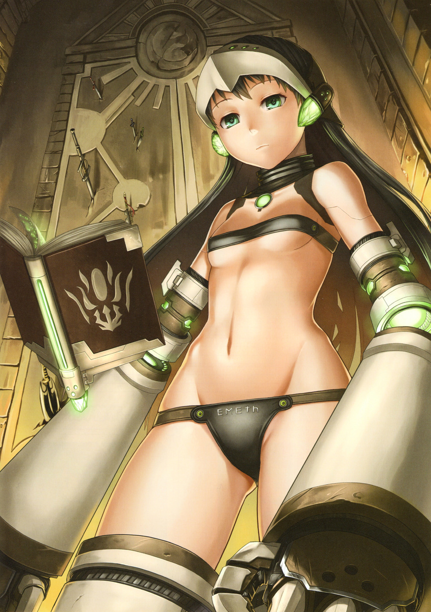 :| absurdres android bandeau bangs bare_shoulders black_bra black_hair black_panties book bra breasts closed_mouth clothes_writing collar cowboy_shot expressionless floating_book from_below genkai_tokki_monster_monpiece glowing golem_(genkai_tokki_monster_monpiece) green_eyes groin headgear highres hip_bones long_hair looking_at_viewer lowleg lowleg_panties mechanical_arm navel neon_trim oota_takeshi open_book panties planted_sword planted_weapon robot_joints runes scan small_breasts solo standing sword underboob underwear underwear_only very_long_hair weapon wide_hips