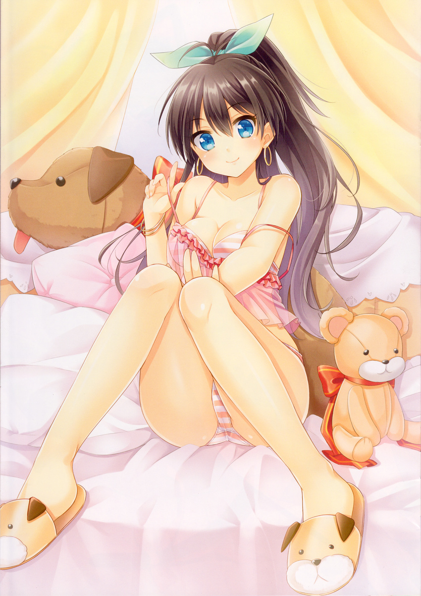 absurdres animal_slippers black_hair blue_eyes blush breasts camisole cleavage dog_slippers earrings ganaha_hibiki highres hoop_earrings idolmaster idolmaster_(classic) jewelry k.y_ko long_hair looking_at_viewer medium_breasts off_shoulder panties ponytail scan see-through shiny shiny_skin slippers smile solo strap_slip striped striped_panties stuffed_animal stuffed_dog stuffed_toy teddy_bear underwear