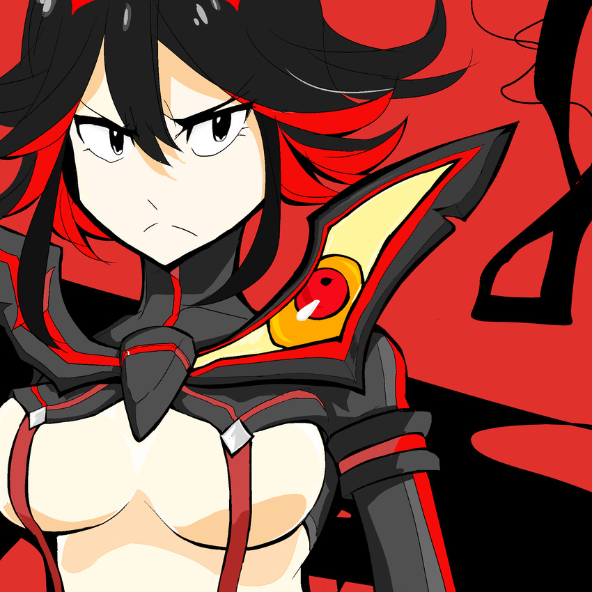 bad_id bad_pixiv_id black_hair breasts chicken_(kao0316) elbow_gloves frown gloves highres kill_la_kill large_breasts matoi_ryuuko multicolored_hair red_hair revealing_clothes senketsu short_hair solo suspenders two-tone_hair underboob