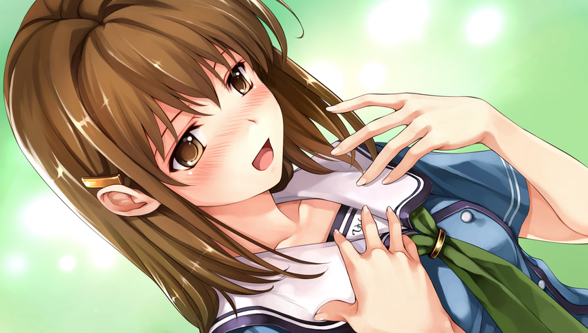 1girl absurdres blush breasts brown_eyes brown_hair game_cg hair_ornament hairclip happy highres long_hair misaki_kurehito open_mouth school_uniform simple_background small_breasts smile solo standing suiheisen_made_nan_mile?