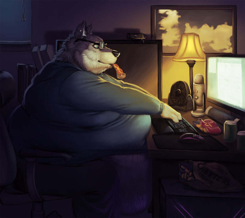 anthro belly belly_overhang beverage_can big_belly big_butt black_fur butt canine chair chips_(food) clothed clothing computer computer_mouse desk detailed_background dog eating eyewear food fur glasses huge_butt husky hyper hyper_belly inside keyboard lamp love_handles male mammal mechanical_fan microphone morbidly_obese obese obese_male office_chair overweight overweight_male pizza potato_chips sitting solo sugarboy text white_fur