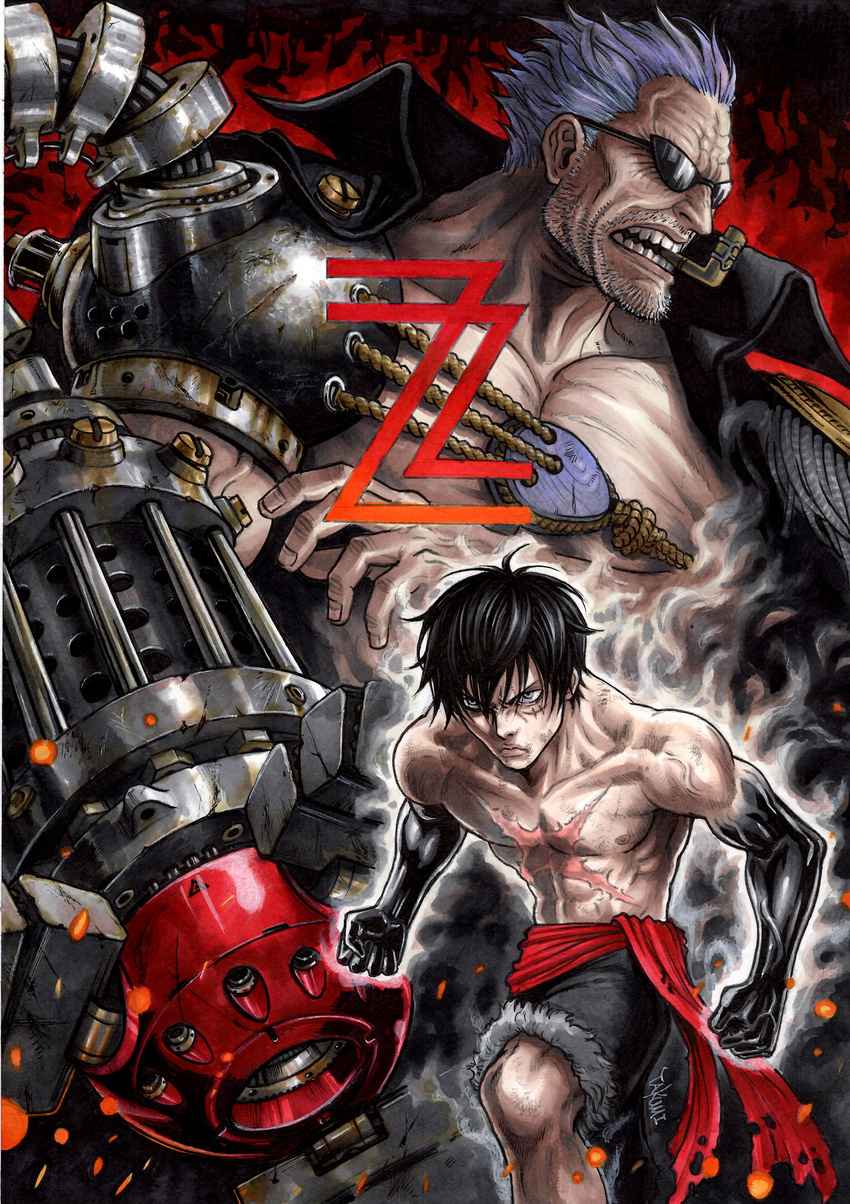 absurdres arm_cannon aura black_hair character_name clenched_hands epaulettes facial_hair fur_trim gear_second haki highres jacket_on_shoulders kiseru male_focus mechanical_arm monkey_d_luffy multiple_boys muscle one_piece one_piece_film_z pipe purple_hair sash scar shirtless shorts signature stubble sunglasses takumi_(marlboro) veins weapon z_(one_piece)