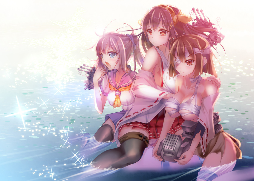 aoba_(kancolle) bandage black_hair blue_eyes brown_hair fukuda_shuushi haruna_(kancolle) headband hyuuga_(kancolle) japanese_clothes kantai_collection long_hair ponytail seifuku short_hair torn_clothes water