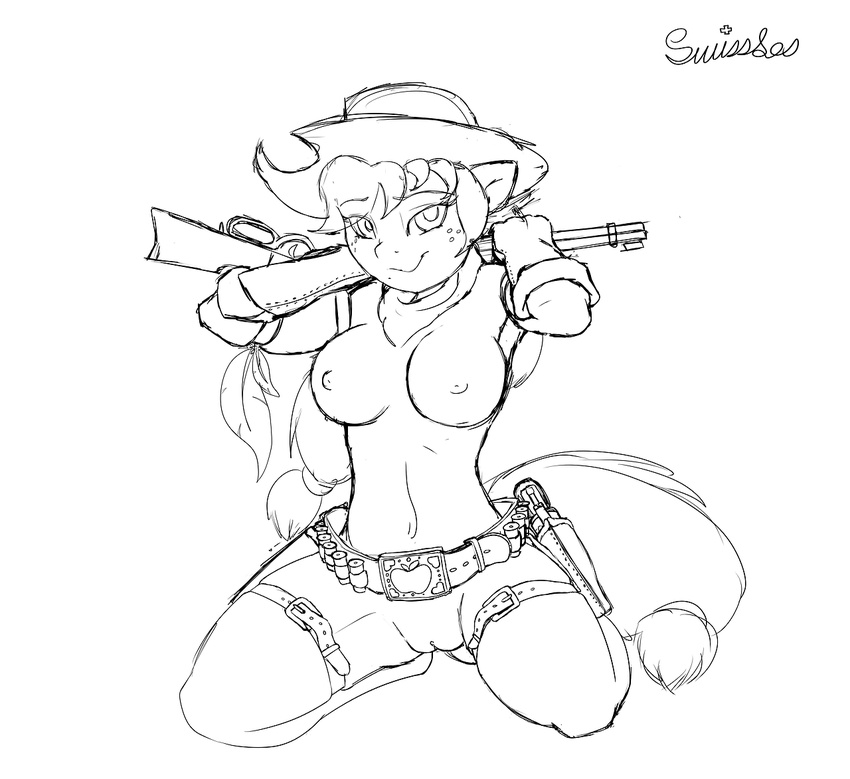 anthro anthrofied applejack_(mlp) belt black_and_white breasts bullet bullets cowboy_hat equine female friendship_is_magic gloves gun hat holster horse kneeling mammal monochrome my_little_pony nipples nude plain_background pony pussy ranged_weapon revolver rifle sketch solo swissleos weapon white_background winchester_rifle