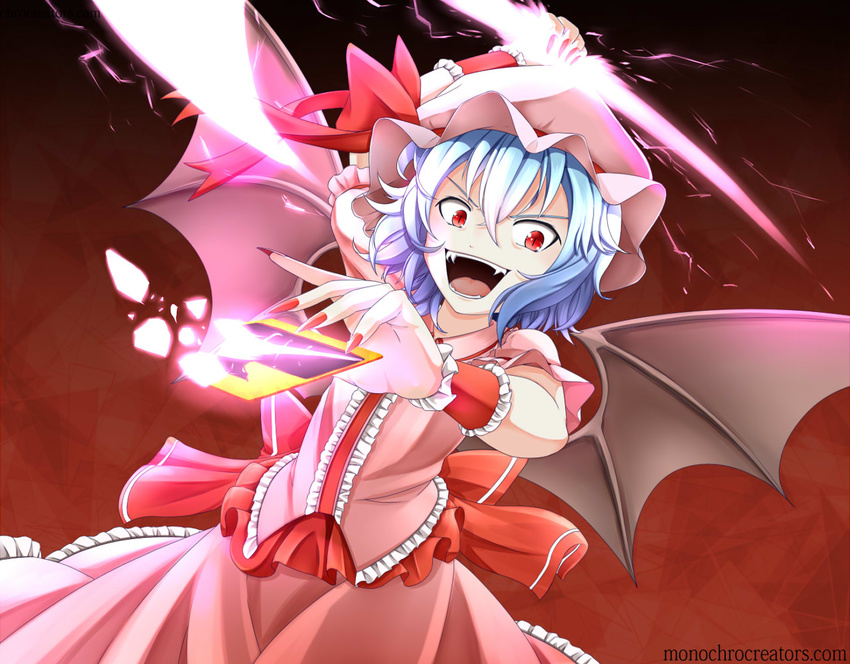 bat_wings blue_hair card dress fangs hat inyuppo open_mouth red_eyes remilia_scarlet ribbon short_hair solo spear_the_gungnir spell_card touhou wings