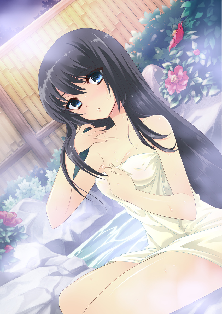 :o black_hair blue_eyes blush breasts dutch_angle fence flower flyable_heart highres itou_noiji kimi_no_nagori_wa_shizuka_ni_yurete long_hair looking_at_viewer medium_breasts naked_towel onsen shiny shiny_skin shirasagi_mayuri steam towel wooden_fence