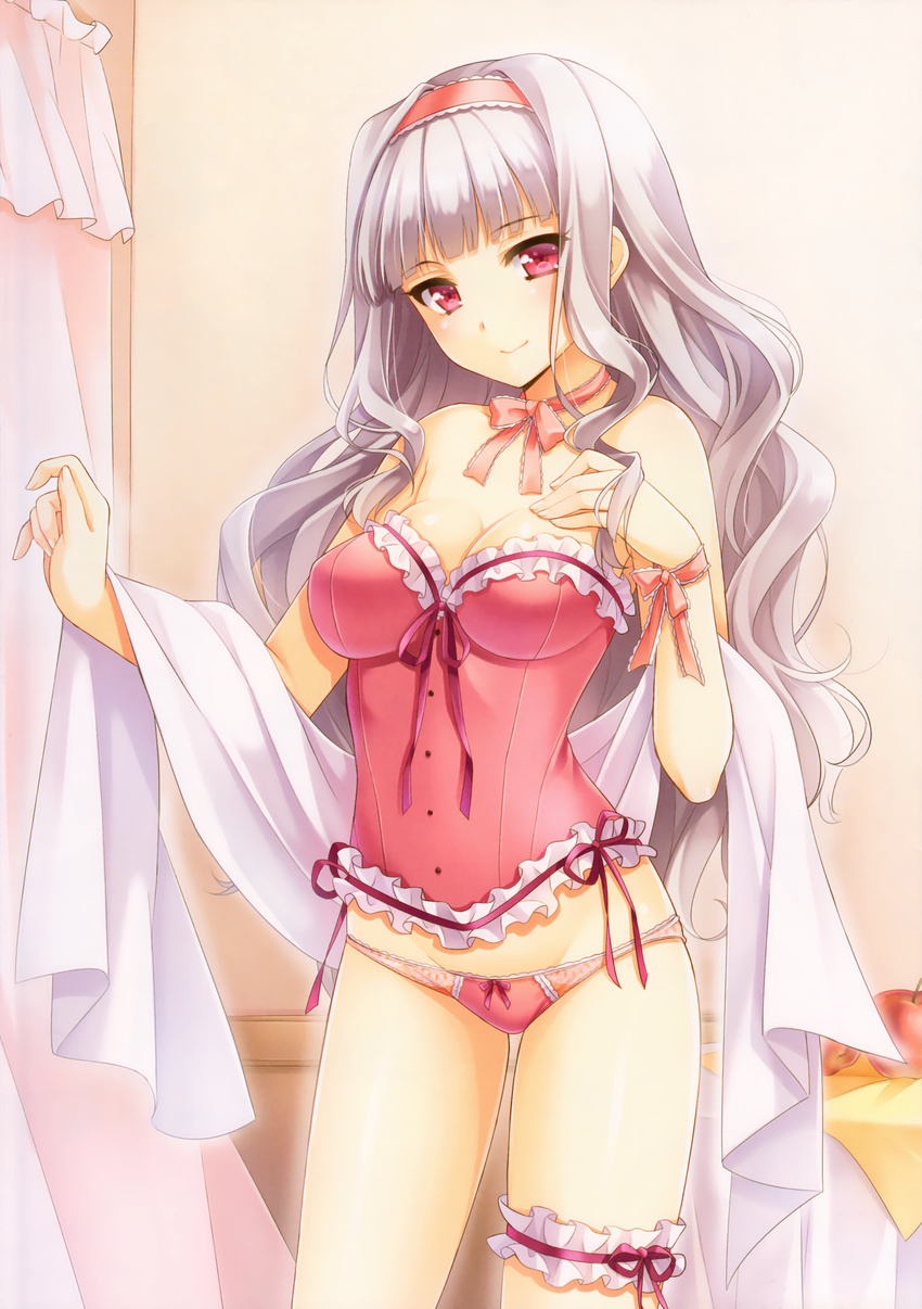 absurdres apple bangs bare_shoulders blunt_bangs blush bow bow_panties breasts bustier choker cleavage corset curly_hair eyebrows_visible_through_hair food fruit garters groin hairband hand_on_own_chest highres idolmaster idolmaster_(classic) k.y_ko large_breasts leg_garter long_hair looking_at_viewer panties pink_eyes pink_panties ribbon ribbon_choker scan shijou_takane silver_hair smile solo source_request underwear underwear_only very_long_hair wavy_hair wrist_ribbon