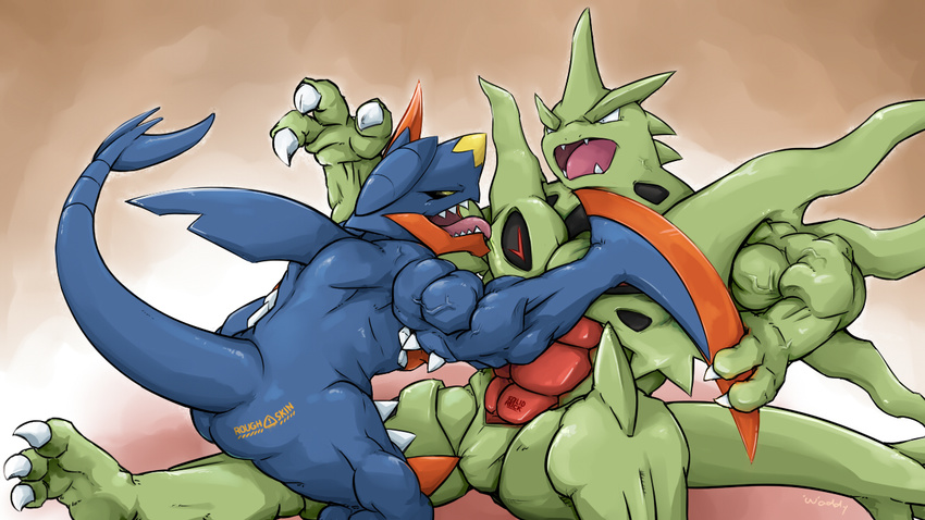 2014 3_fingers 3_toes abs anthro anthrofied barefoot beige_background biceps butt claws dragon duo english_text garchomp gay male manly mega_evolution mega_garchomp mega_tyranitar mega_tyrannitar mgea_garchomp muscles nintendo no_nipples nude one_eye_closed open_mouth pecs plain_background pok&#233;mon presenting presenting_hindquarters raised_arm shadow sharp_claws sharp_teeth shiny sitting squint teeth text toe_claws tongue tongue_out tyranitar vein video_games waddledox warning yellow_eyes