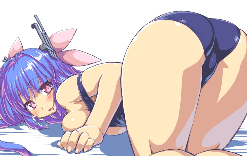 ass bed_sheet blue_hair blush breasts dd_(ijigendd) fang hair_ornament hair_ribbon i-19_(kantai_collection) kantai_collection large_breasts long_hair looking_back one-piece_swimsuit open_mouth red_eyes ribbon school_swimsuit smile solo star star-shaped_pupils swimsuit symbol-shaped_pupils top-down_bottom-up twintails