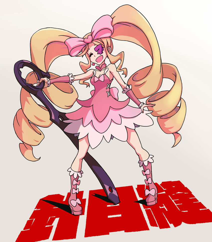 big_hair blonde_hair boots bow drill_hair eyepatch hair_bow harime_nui highres kill_la_kill kzzang long_hair pink_bow pink_footwear pink_skirt scissor_blade skirt smile solo spoilers twin_drills twintails weapon wrist_cuffs