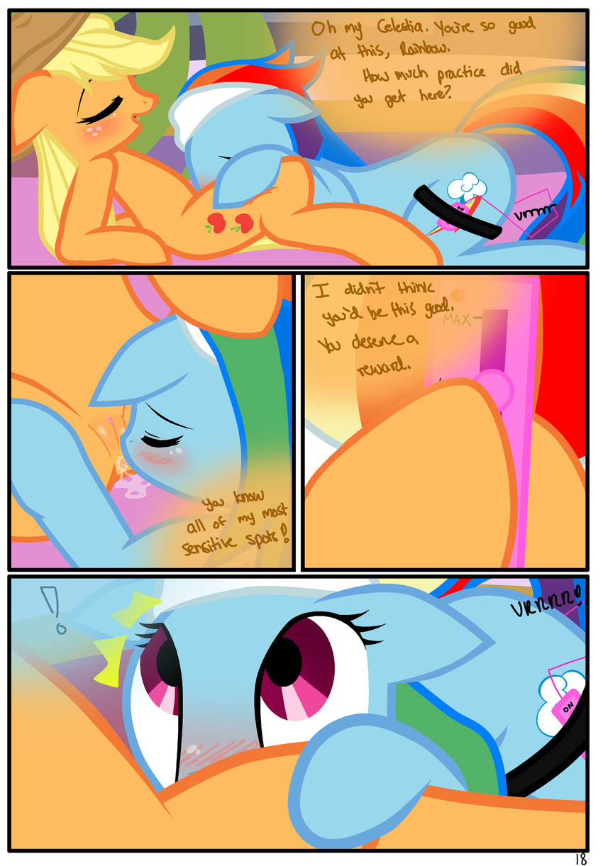 applejack_(mlp) blush comic cowboy_hat dialog edit english_text equine female feral freckles friendship_is_magic green_eyes hair hat hi_res horse lesbian mammal multi-colored_hair my_little_pony pegasus pony pussy pyruvate rainbow_dash_(mlp) sex_toy spa spread_legs spreading text vibrator wing_boner wings