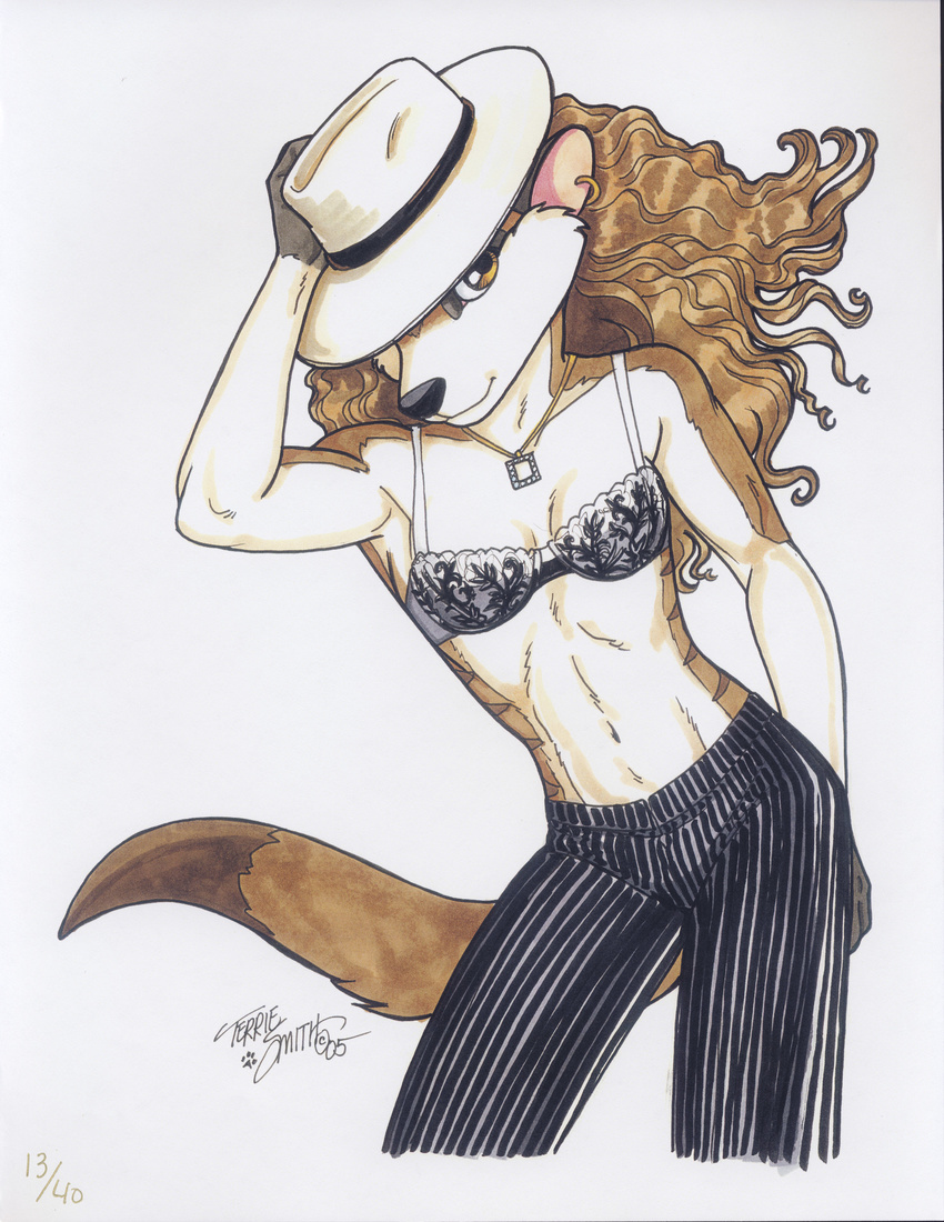 absurd_res anthro fedora female hat hi_res looking_at_viewer mammal marsupial pinup pose solo terrie_smith thylacine