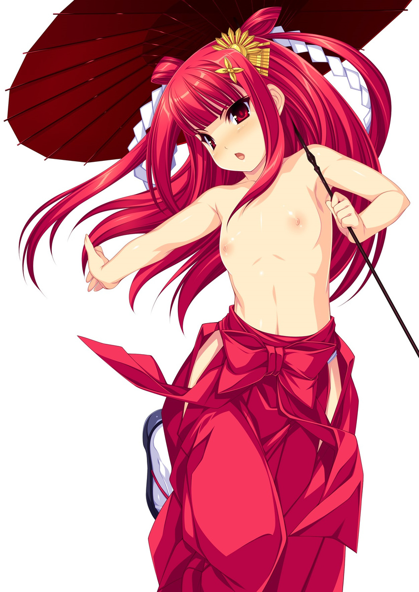 1girl ameto armpits bare_shoulders beatmania beatmania_iidx blush ears fingernails footwear hair_ornament hakama highres holding japanese_clothes kinoshita_ichi long_hair looking_at_viewer nipples open_mouth outstretched_arm red_eyes red_hair sandals shiny shiny_skin simple_background small_breasts solo standing_on_one_leg topless two_side_up umbrella umegiri_ameto white_background