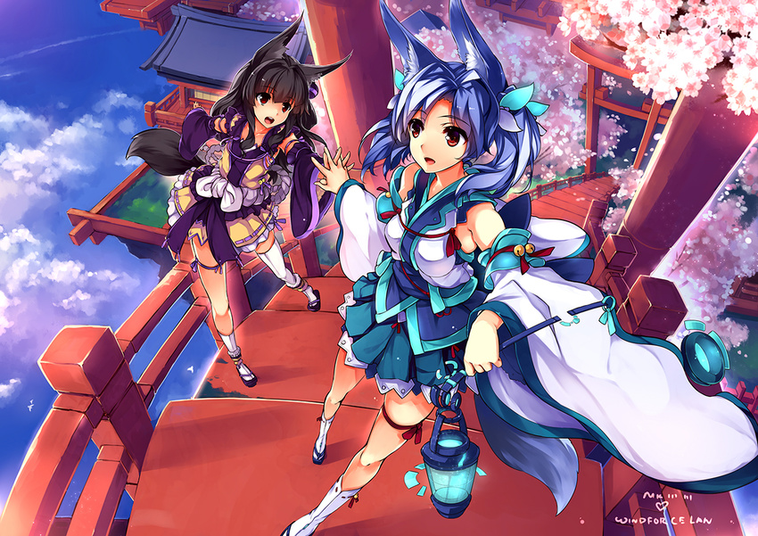 33_(mkiiiiii) animal_ears artist_name bell black_hair blue_hair bow cherry_blossoms cloud collaboration day detached_sleeves fox_ears fox_tail geta holding_hands interlocked_fingers jingle_bell lantern long_hair mismatched_legwear multiple_girls multiple_torii nontraditional_miko open_mouth original red_eyes ribbon short_hair short_twintails skirt sky socks tail thigh_ribbon thighhighs torii twintails windforcelan