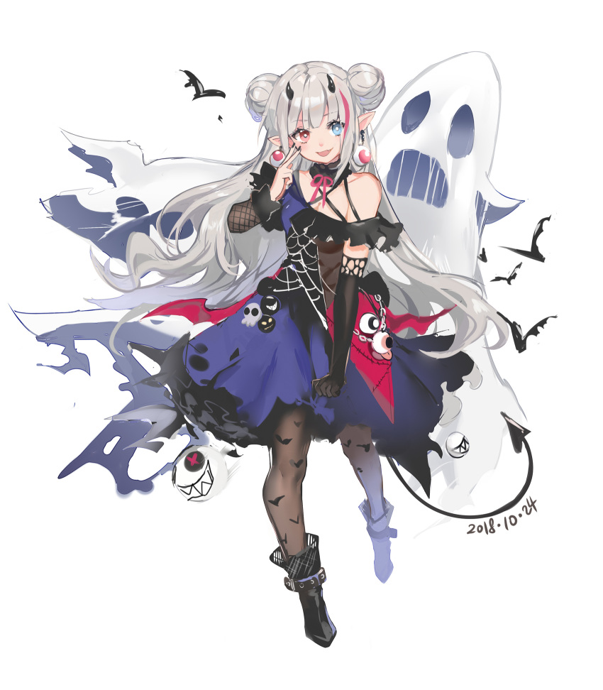 1girl :d animal bare_shoulders bat black_footwear black_gloves black_nails blue_dress blue_eyes boots brown_legwear bxr chains dated demon_horns demon_tail double_bun dress earrings elbow_gloves fang fingernails ghost girls_frontline gloves hand_up head_tilt heterochromia highres horns jewelry long_hair mdr_(girls_frontline) nail_polish open_mouth pantyhose pointy_ears red_eyes side_bun silver_hair single_elbow_glove single_glove smile solo tail very_long_hair white_background
