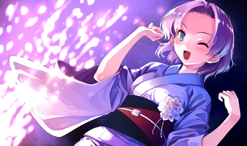 1girl absurdres blue_eyes breasts fireworks flower game_cg happy highres japanese_clothes kimono medium_breasts misaki_kurehito open_mouth purple_hair short_hair smile solo standing suiheisen_made_nan_mile? wince