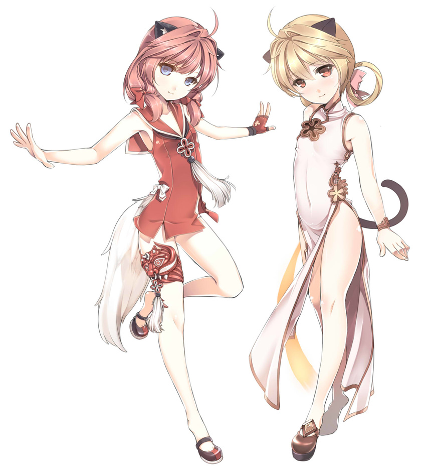 ahoge animal_ears bare_legs blade_&amp;_soul blonde_hair blue_eyes bow brown_eyes cat_ears china_dress chinese_clothes covered_navel dog_ears dress fingerless_gloves flat_chest gloves hair_bow highres kuro_(kuronell) legs looking_at_viewer lyn_(blade_&amp;_soul) multiple_girls red_hair ribbon short_dress single_glove sleeveless sleeveless_dress smile tail tassel twintails